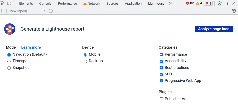 Lighthouse in Chrome DevTools